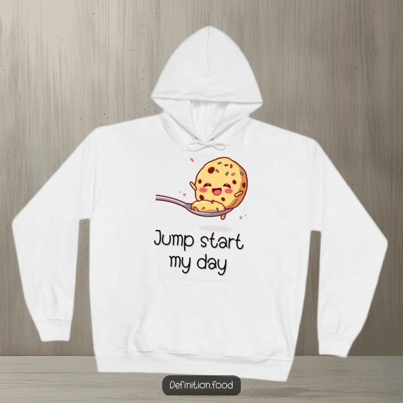 Funny hoodie featuring a cookie with sprinkles enthusiastically jumping from a spoon, perfect for comfort.