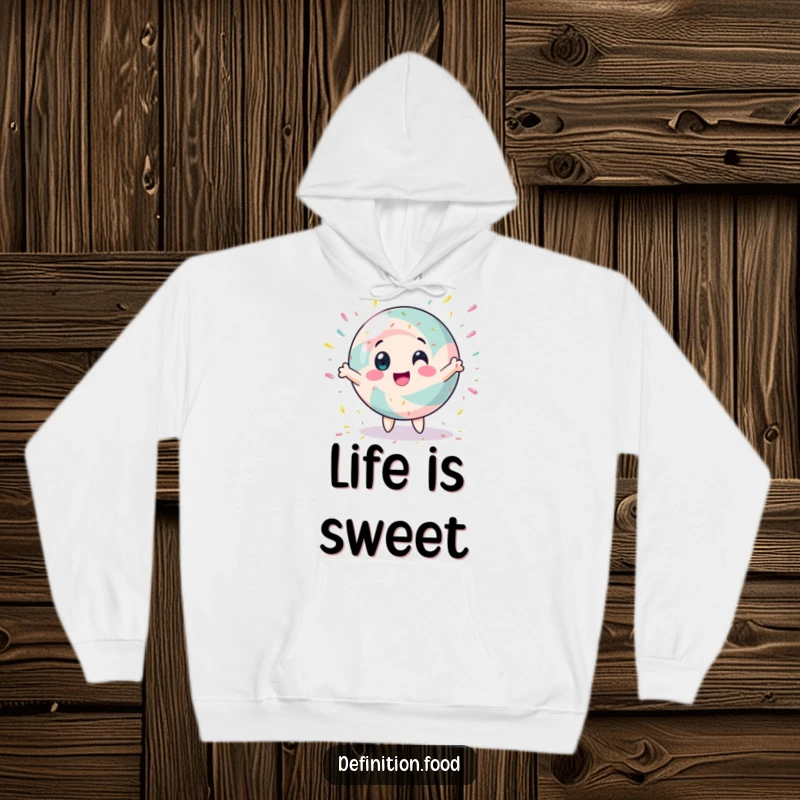 Funny hoodie featuring a spinning candy character with sprinkles, offering warmth and a humorous, sweet design.