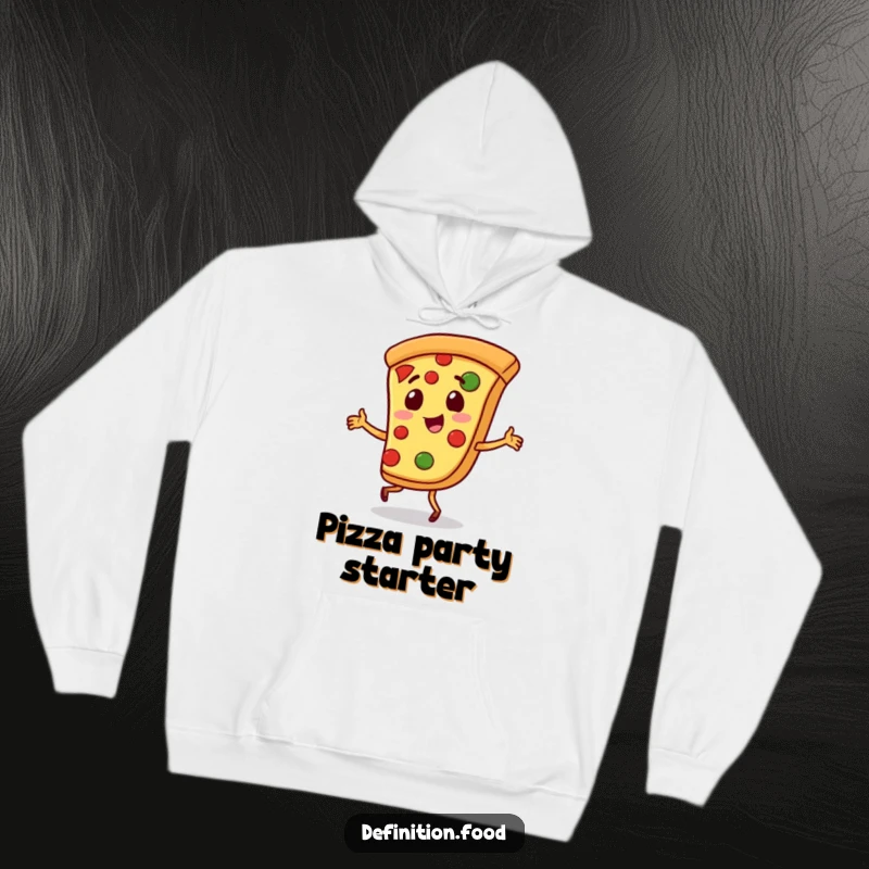 Funny pizza hoodie featuring a playful slice of pizza character doing a little jig, offering cozy, cheesy style.