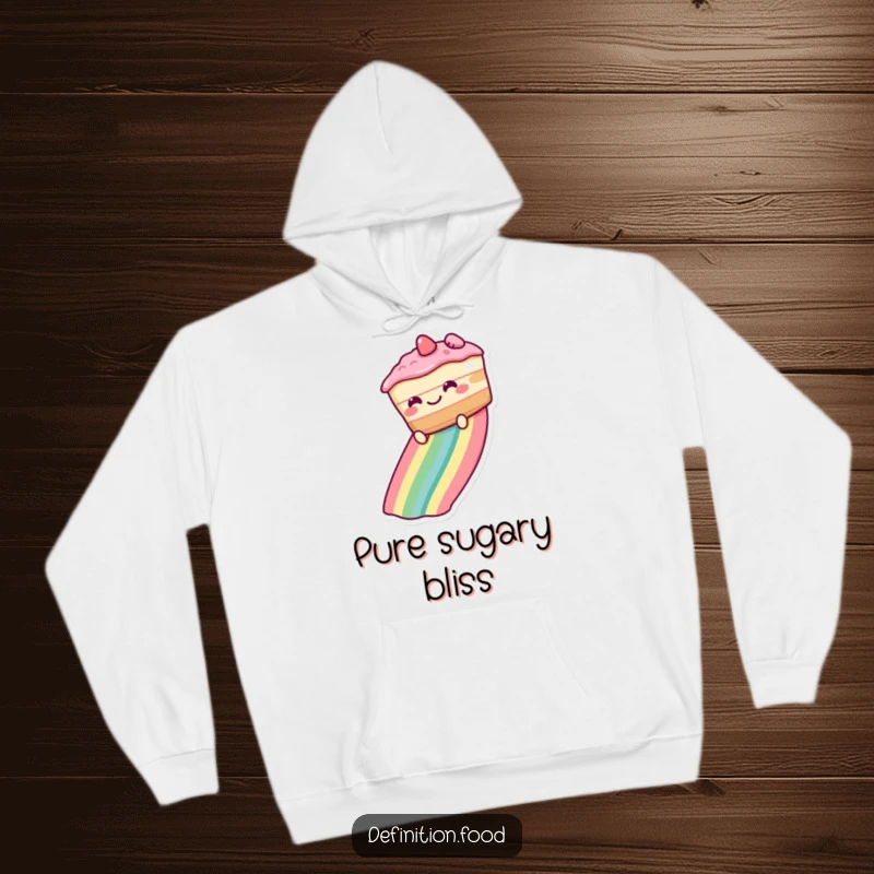 Funny Hoodie depicting a happy cake sliding down a rainbow, offering warmth and a dose of whimsical humor to its wearer.