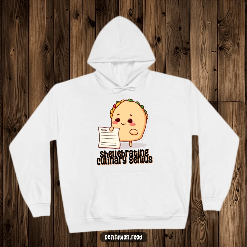 Funny taco chef hoodie, a smiling taco character engrossed in a recipe card, offering warmth and humor.
