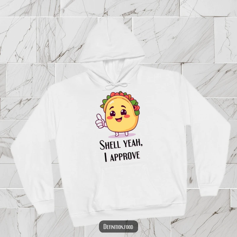 Funny taco hoodie with a smiling taco character giving a cheerful thumbs up, showing off comfort and humor.