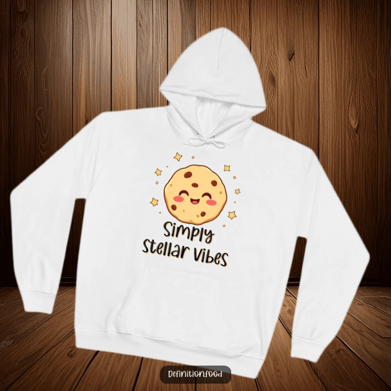 Funny smiling cookie character with tiny stars falling around it on a cozy hoodie, ideal for comfortable and magical wear.