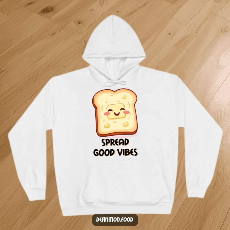 Cozy funny toast and butter hoodie, wiggling with glee, perfect for staying warm with breakfast humor. Ideal funny gift.