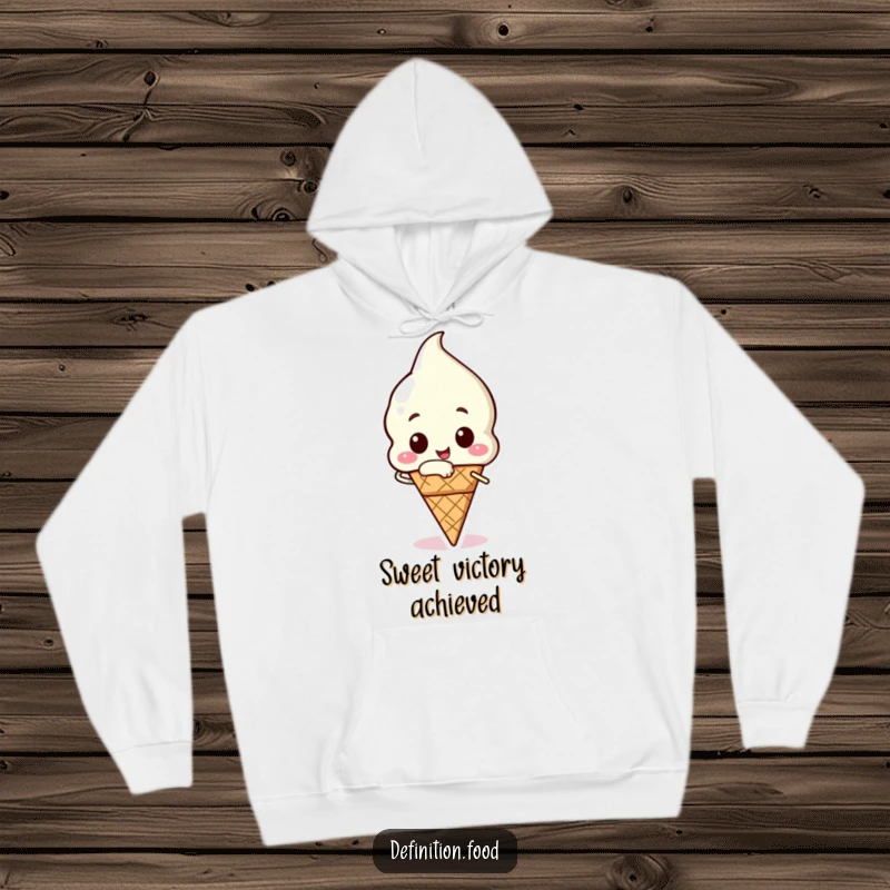 Funny ice cream hoodie featuring a happy ice cream cone character taking a triumphant bite, offering cozy, sweet style.