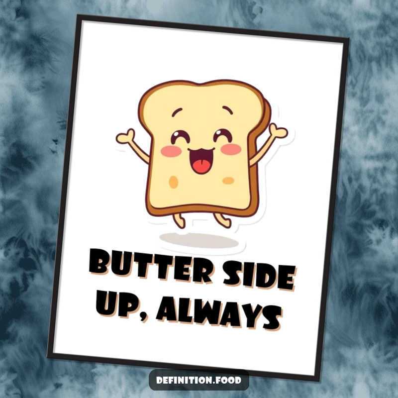 Funny Free Printable Wall Art of a smiling buttered toast slice doing a surprised, energetic leap.