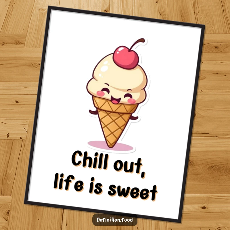 Funny Free Printable wall art featuring a delighted ice cream cone character wiggling its cherry topping, adding whimsical charm to any room.