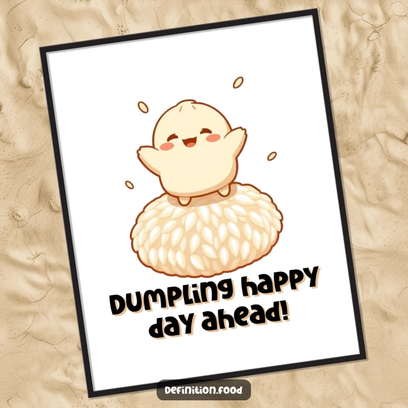 Funny free printable wall art depicting a cheerful dumpling character bouncing playfully on a giant rice grain, adding whimsical charm.