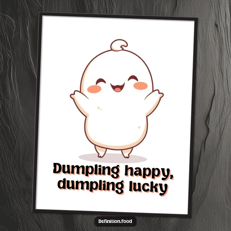 Funny Free Printable Wall Art: A smiling dumpling character performs a joyful little dance, adding fun to downloadable decor.