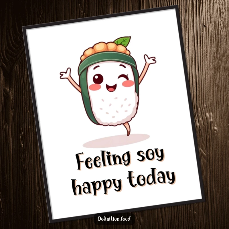 Funny Free Printable Wall Art: A smiling sushi character enthusiastically doing a happy dance, bringing playful energy to the room.