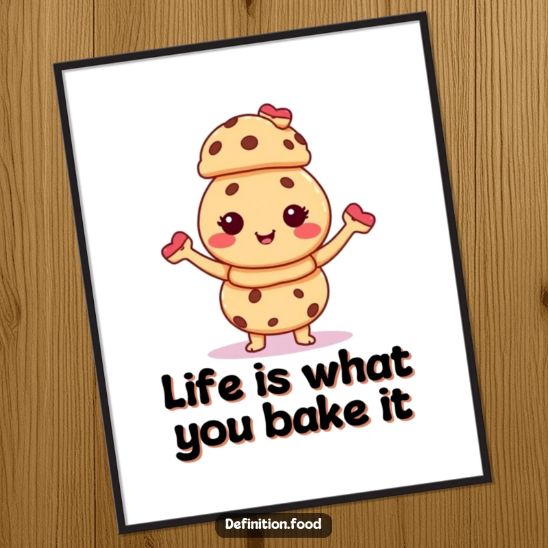 Funny Free Printable Wall Art of a giggling cookie character precariously balancing a delightful stack of tiny pastries.