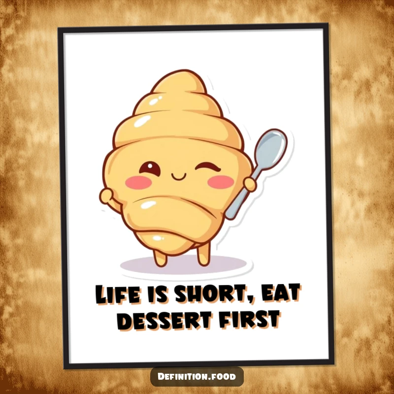 Funny Free Printable wall art featuring a winking croissant character presenting a tiny spoon, adding a humorous touch to any room.