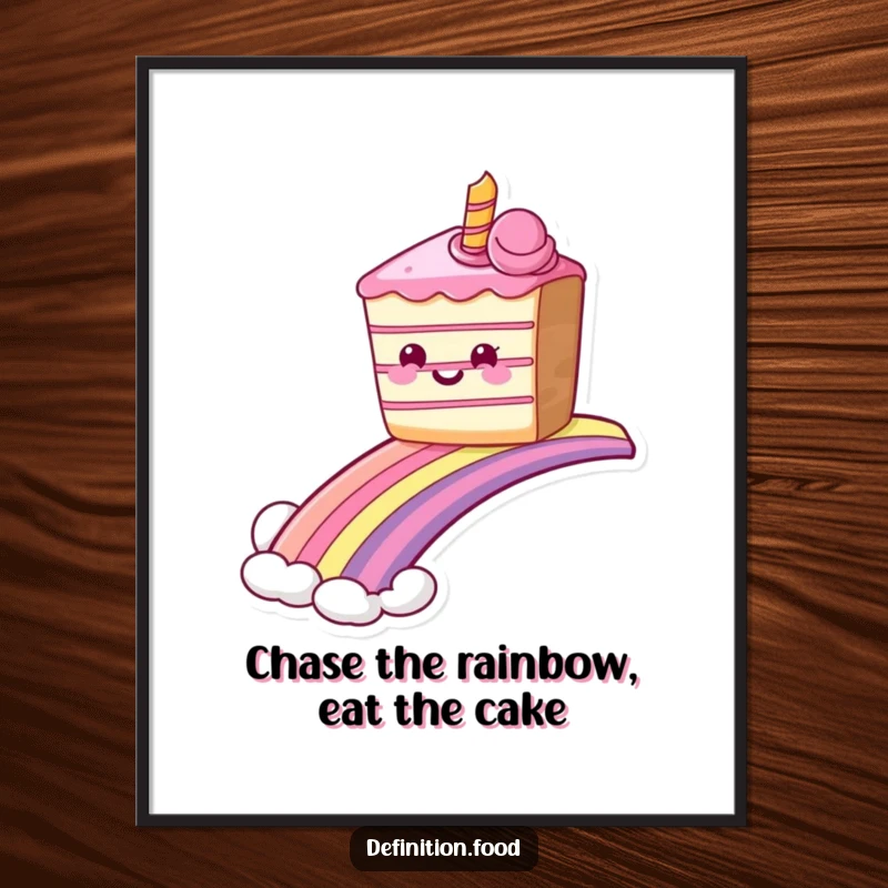 Funny Free Printable Wall Art: A grinning piece of cake joyfully sliding down a vibrant rainbow, creating sweet, colorful decor.