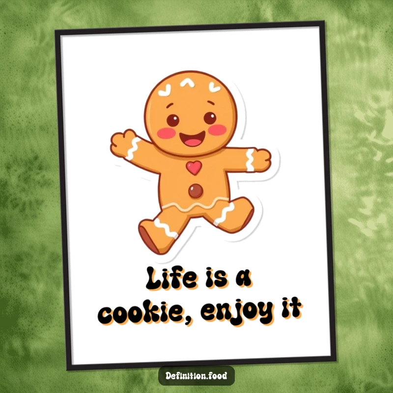 Funny Free Printable wall art of a giddy gingerbread man character skipping with infectious joy, perfect for adding cheer to a room.