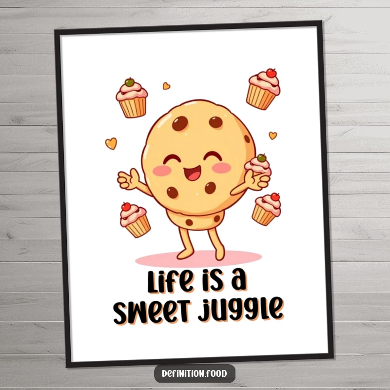 Funny Free Printable Wall Art: A whimsical cookie character happily juggling tiny cupcakes, adding a playful touch to any room.