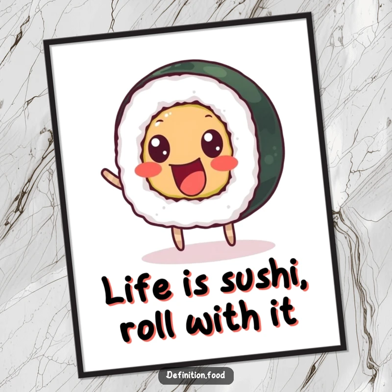 Funny Free Printable Wall Art: A delighted sushi roll with beady eyes bouncing happily, perfect for downloadable decor.