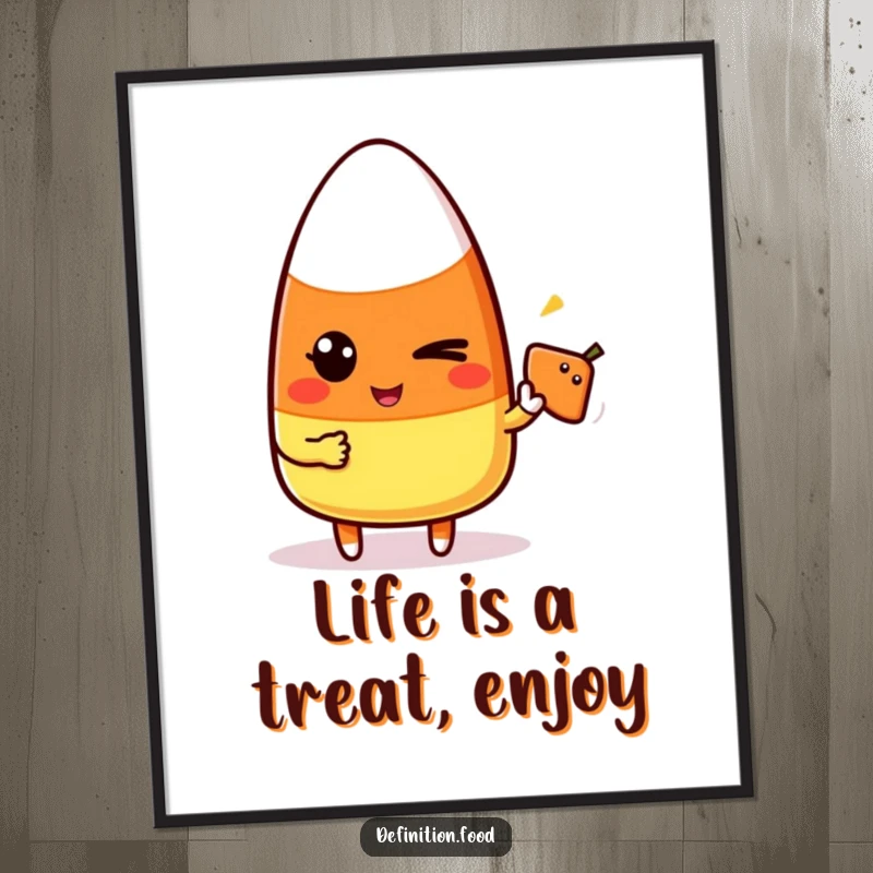 Funny Free Printable Wall Art: A candy corn character winks mischievously while pointing at a simple, appetizing food icon.