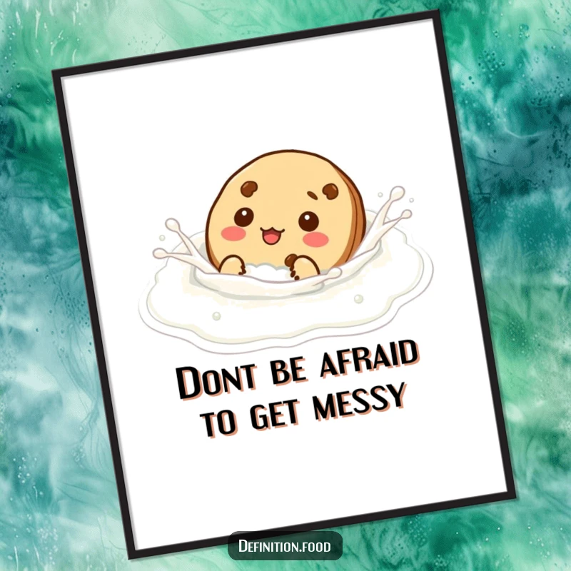 Funny Free Printable Wall Art: Silly cookie character humorously pretending to swim in a glass of milk, kitchen art.