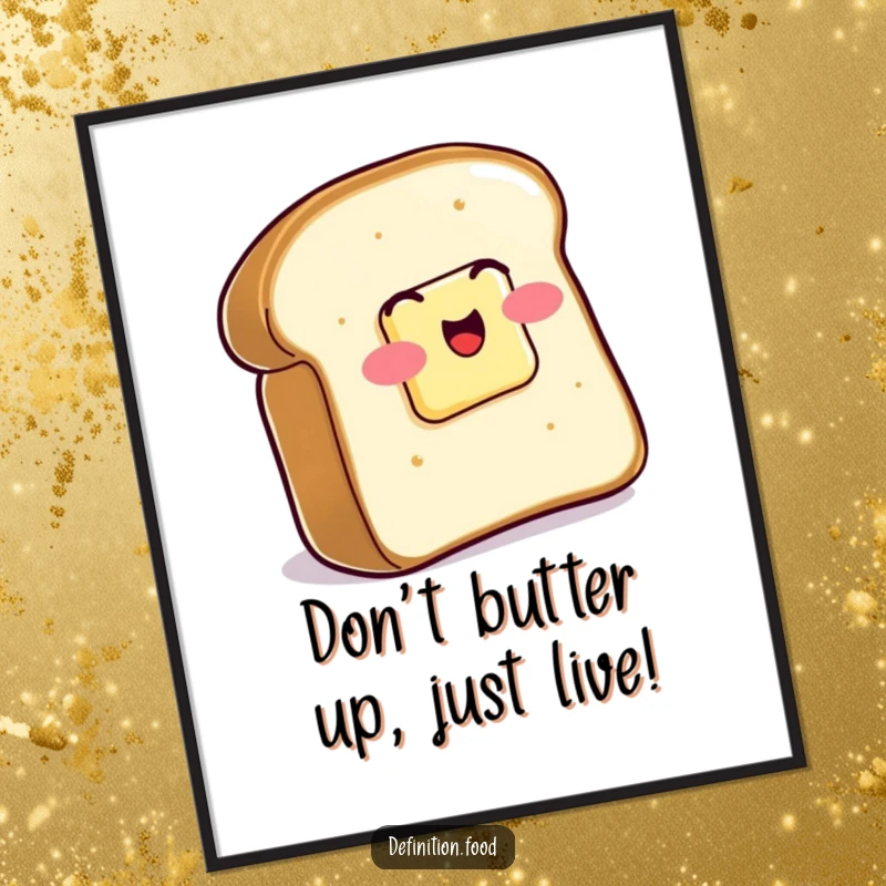 Funny Free Printable Wall Art: Buttered toast wiggles with glee, a humorous and quirky decoration. Downloadable art.