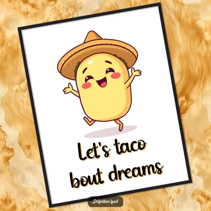 Funny Free Printable Wall Art of a happy taco character in a sombrero, joyfully salsa dancing.