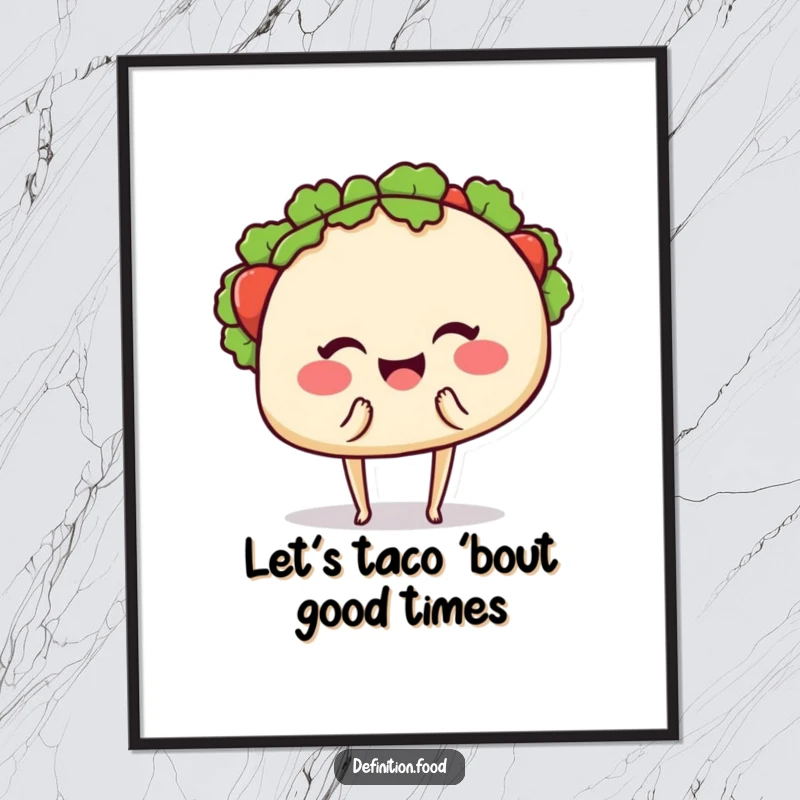 Funny Free Printable wall art of a smiling taco with tiny legs winking and offering a delicious bite, perfect for kitchens.