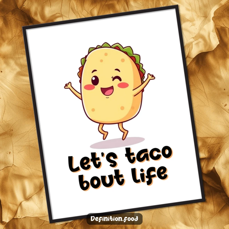 Funny Free Printable Wall Art: A smiling taco with legs performing a joyful jig, perfect for downloadable kitchen decor.