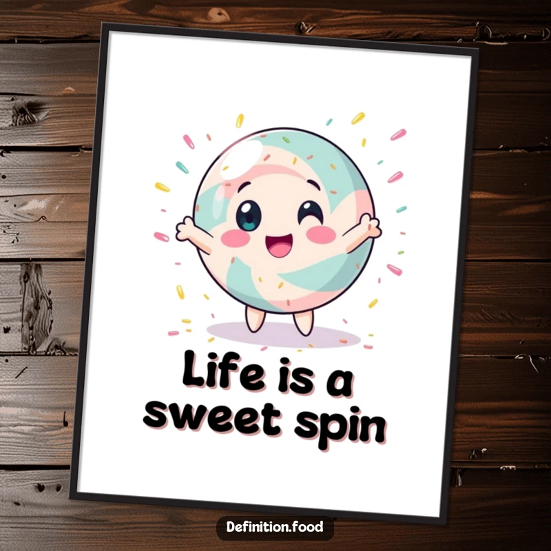 Funny Free Printable round candy character joyfully spinning amidst a shower of colorful sprinkles.