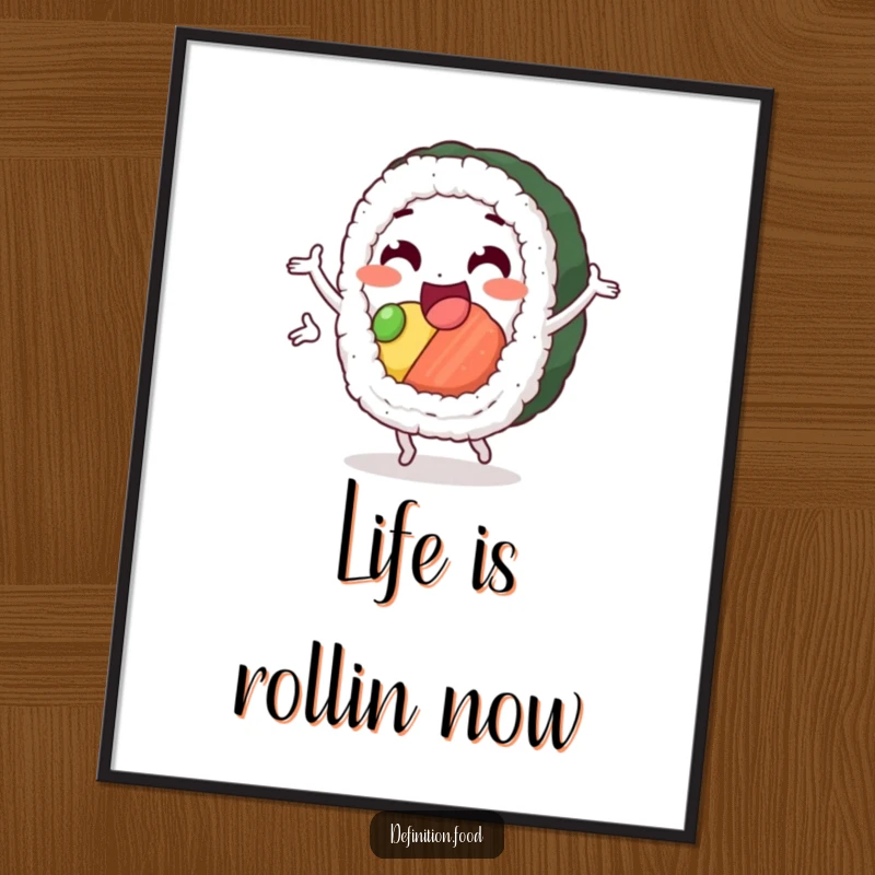 Funny Free Printable Sushi Wall Art: delighted sushi roll doing a happy pirouette, perfect for kitchen or dining area, downloadable art.