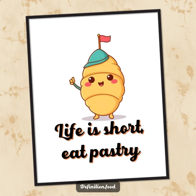 Funny Free Printable Wall Art: A cheerful croissant wearing a jaunty hat and waving a tiny flag, downloadable art.