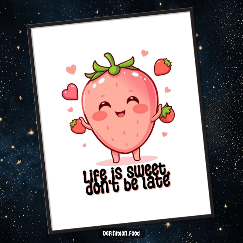 Funny Free Printable Wall Art: A blushing strawberry character joyfully juggles tiny, colorful concept food shapes in a whimsical display.