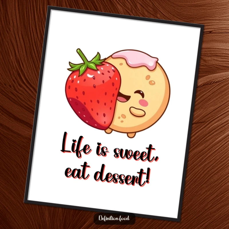 Funny free printable wall art depicting a smiling cookie character taking a bite from a giant strawberry, adding a sweet artistic touch.