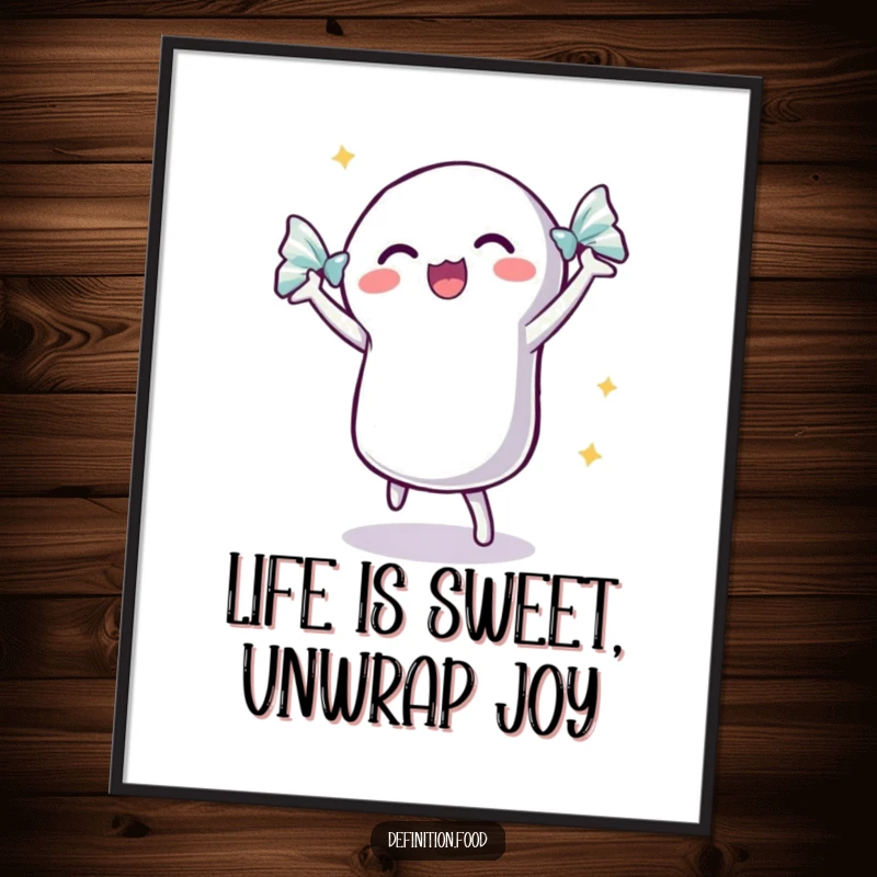 Funny Free Printable Wall Art: A dancing candy with an excited, shimmering wrapper brings a burst of energetic fun to your space.