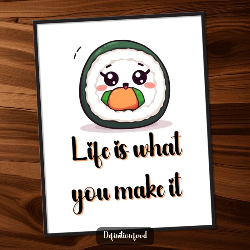 Funny Free Printable Wall Art of a cute sushi roll character with wide eyes, spinning excitedly.