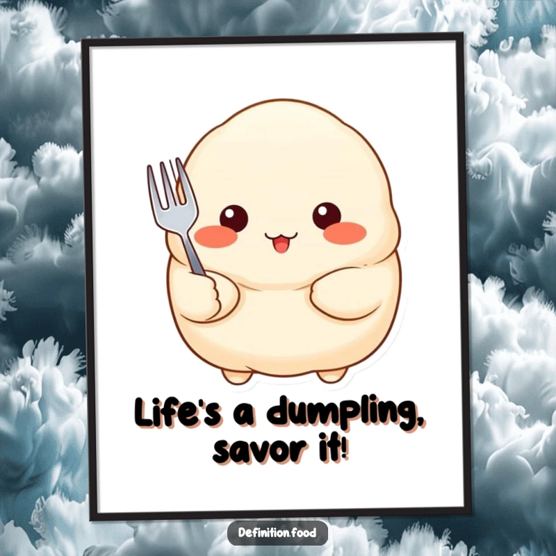 Funny Free Printable Wall Art: Proud dumpling with rosy cheeks holds a tiny fork, a cute and quirky decoration. Downloadable art.
