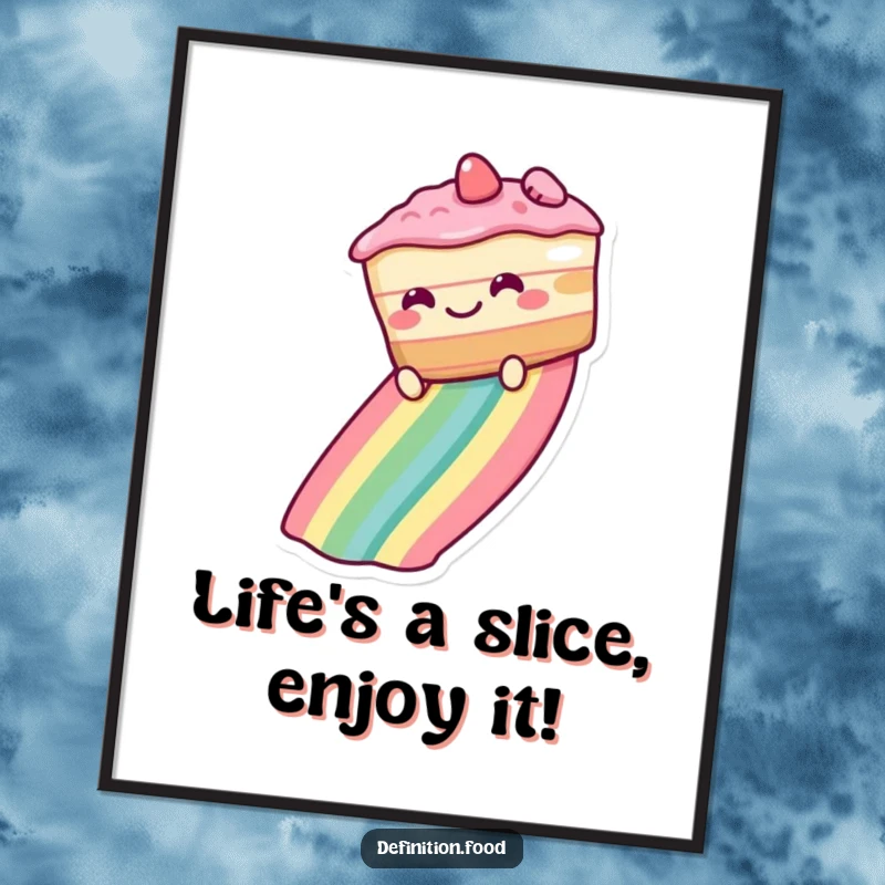 Funny Free Printable Wall Art: Grinning cake slides down a rainbow, a joyful and whimsical decoration. Downloadable art.