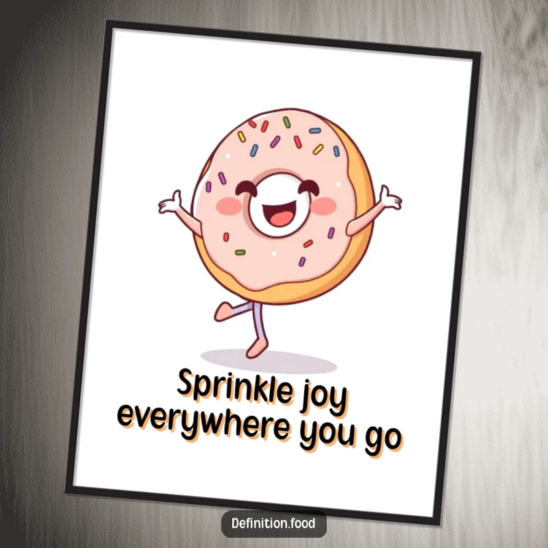 Funny Free Printable Wall Art of a grinning donut with sprinkles performing a happy pirouette.
