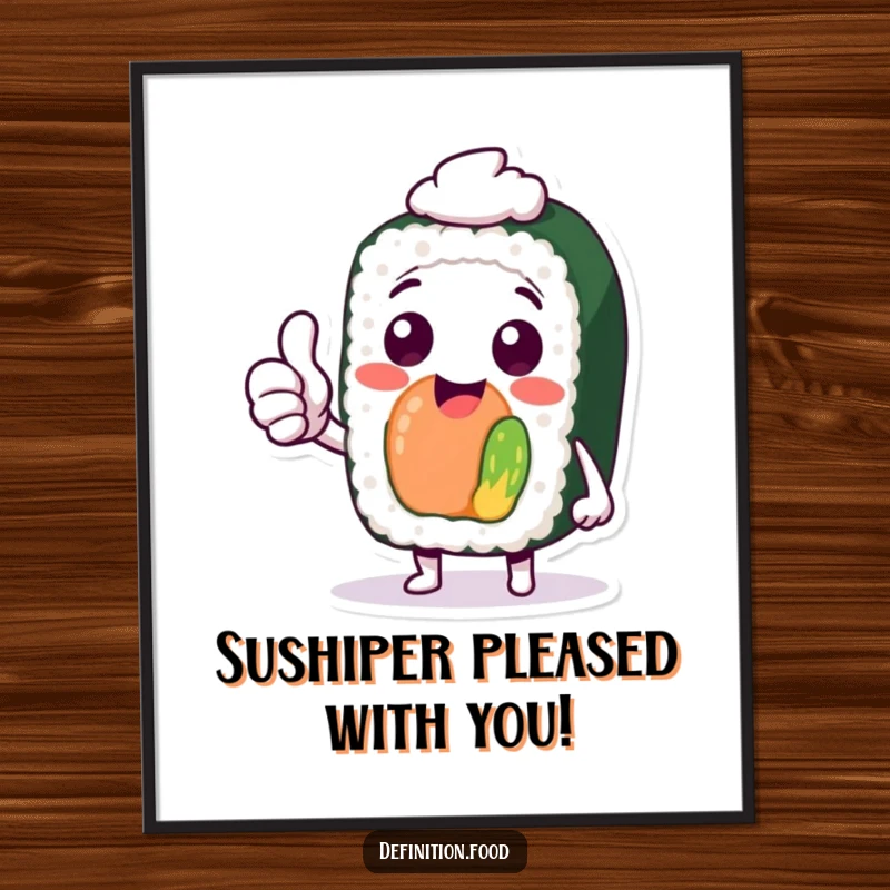 Funny free printable wall art of a cheerful sushi character giving a confident thumbs up, radiating positivity and fun.