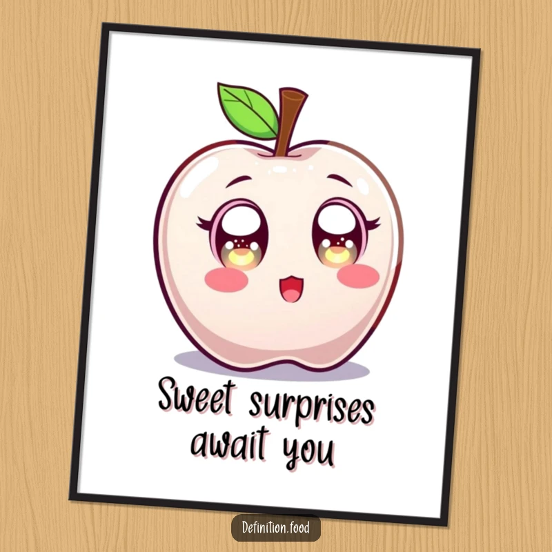 Funny Free Printable Wall Art featuring a candy apple character with comically wide, sparkling eyes, expressing sweet surprise.