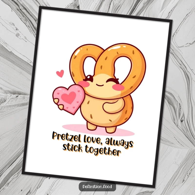 Funny free printable wall art of a winking pretzel character offering a tiny heart-shaped cookie, symbolizing sweet affection.