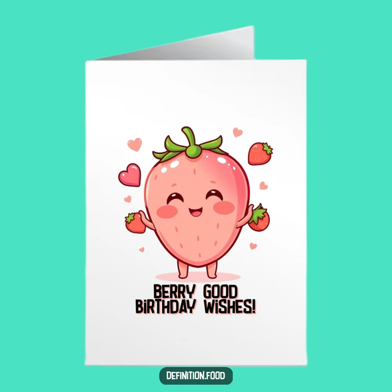Free Printable Funny Birthday Card: Blushing Strawberry Juggling Food Fun!