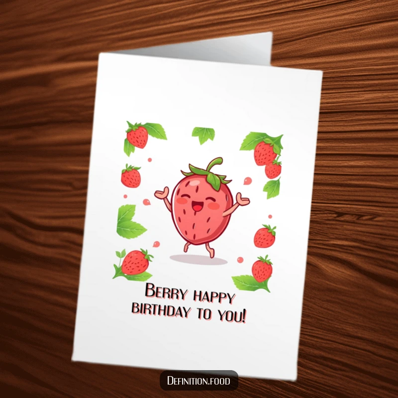 Funny Free Printable Birthday Card: Joyous strawberry character with leaves, doing a lively happy dance, spreading birthday excitement.