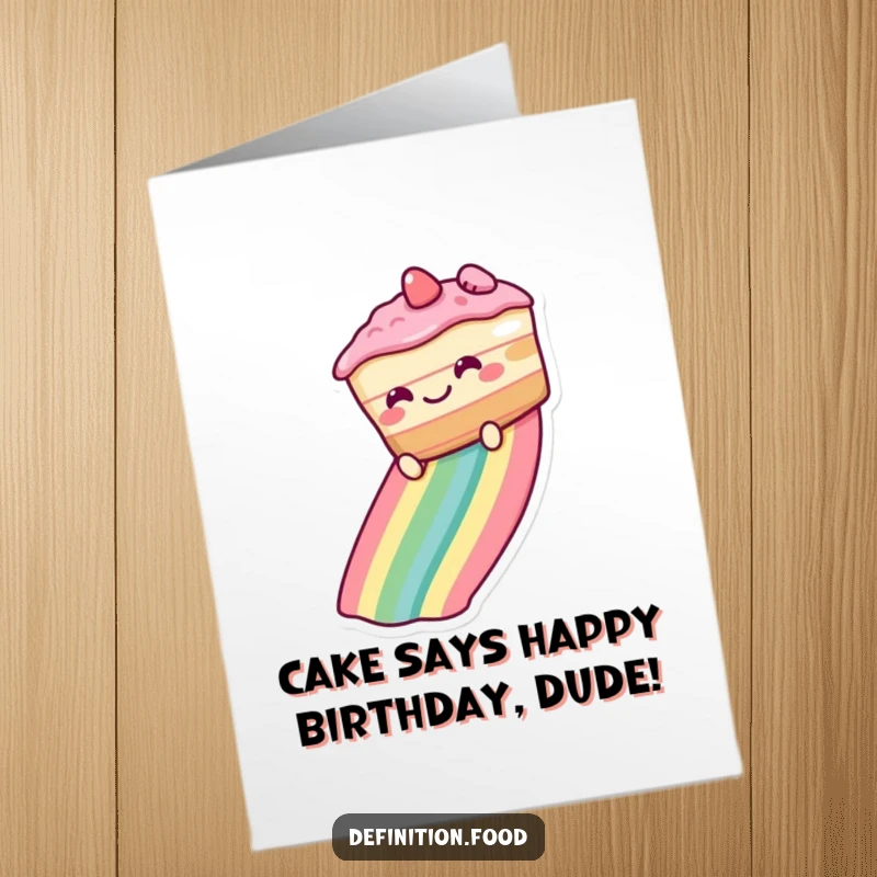 Funny Free Printable Birthday Card: Grinning cake slides down a rainbow, bringing birthday cheer. A whimsical and downloadable greeting.