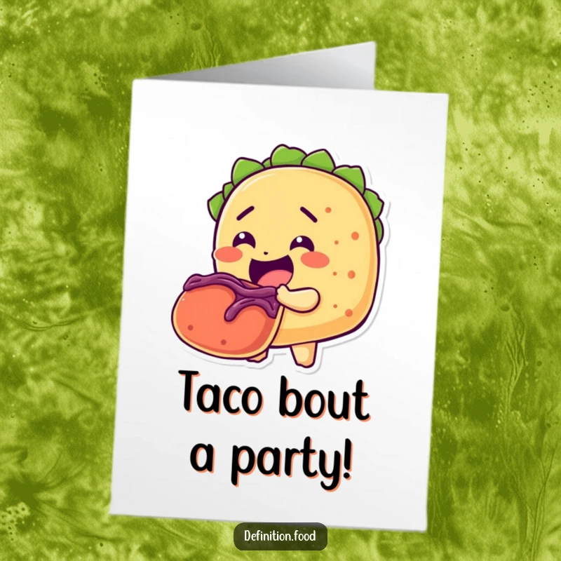 Funny Free Printable Birthday Card: A cheerful taco character happily taking a giant bite out of another delicious taco.