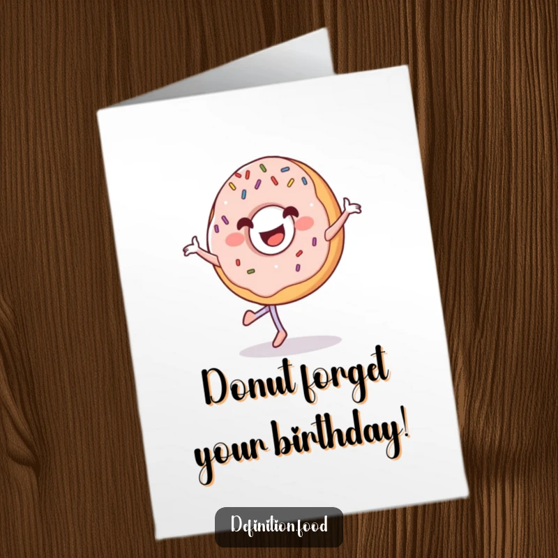 Funny Free Printable Birthday Card featuring a grinning donut with sprinkles doing a happy pirouette.