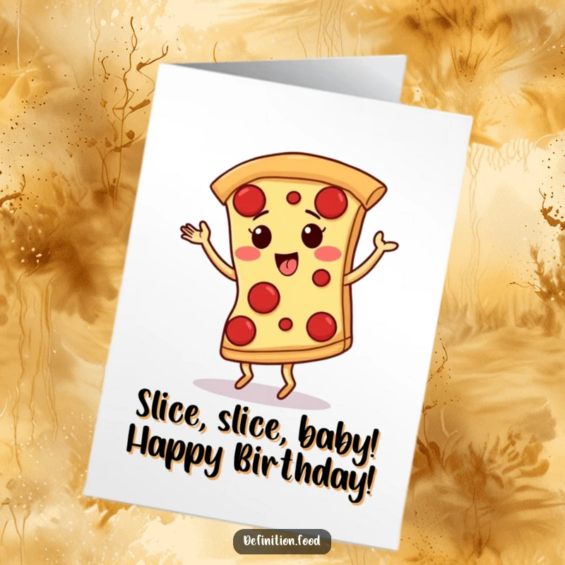 Funny Free Printable Birthday Card: A giggling pizza slice with pepperoni dancing the tango, spreading joy and laughter.