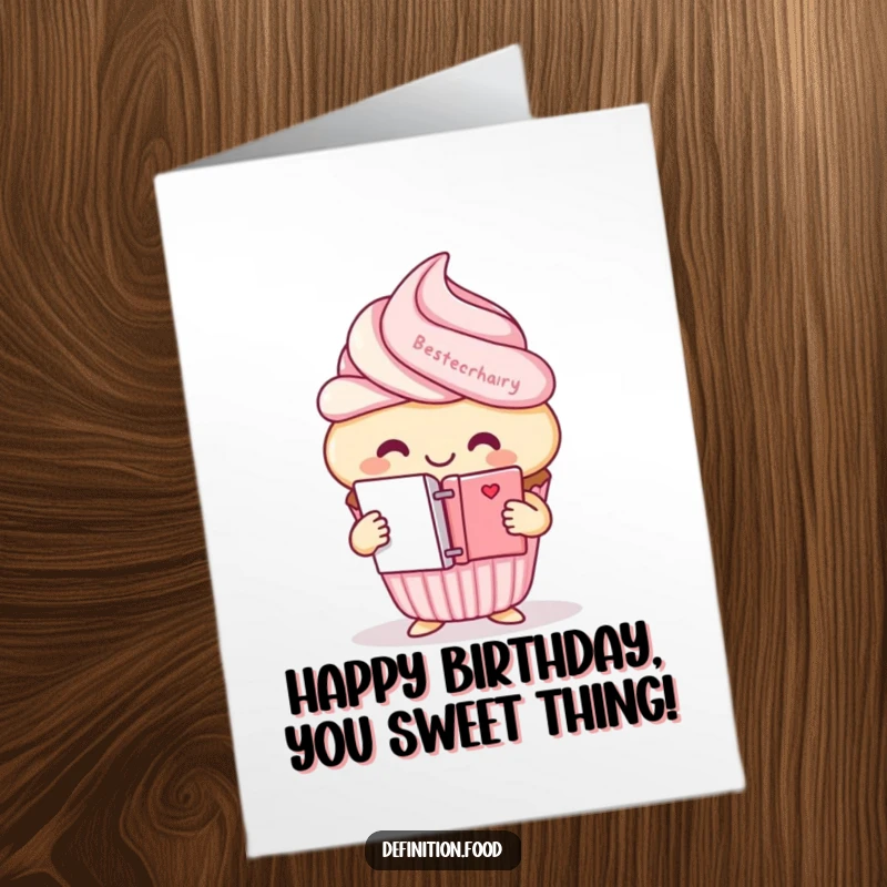Funny free printable birthday card featuring a cheerful cupcake character holding a tiny open dictionary, ready to share knowledge.