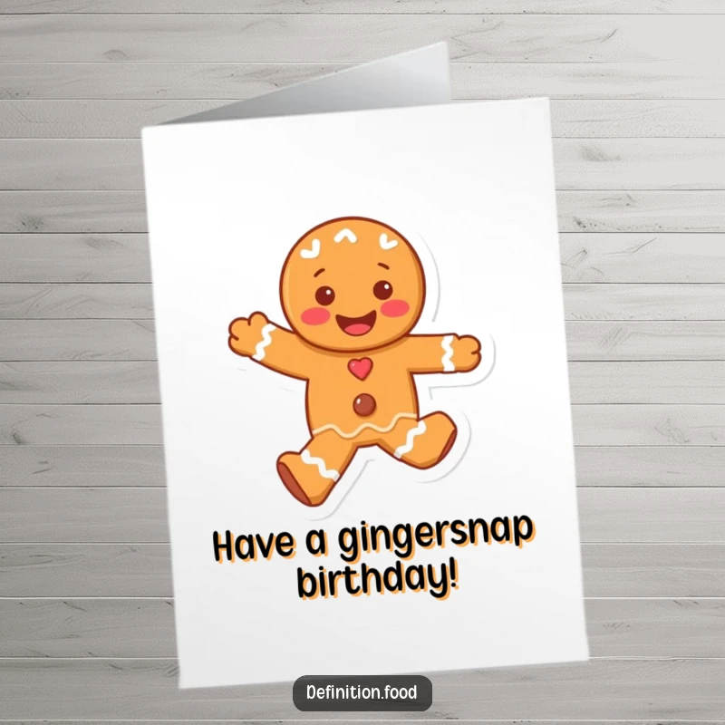 Funny Free Printable birthday card featuring a giddy gingerbread man character skipping with pure joy and excitement.