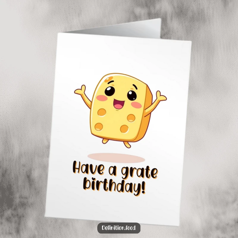 Funny Free Printable Birthday Card showing an animated cheese slice with a wide smile, jumping for joy.
