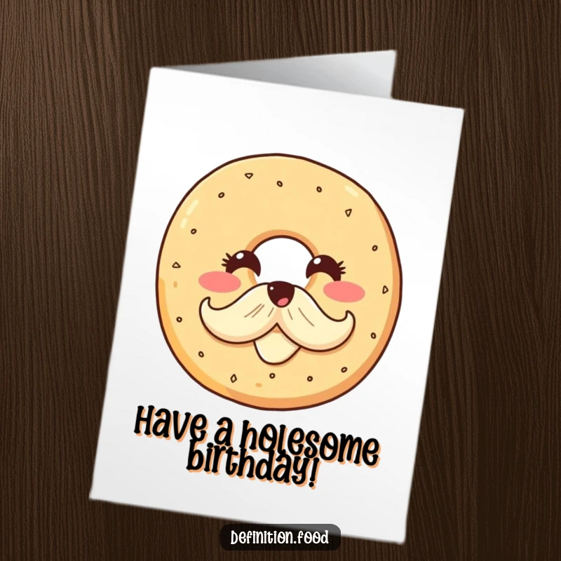 Funny Free Printable birthday card featuring a smiling bagel character proudly sporting a cream cheese mustache with a cheeky grin.