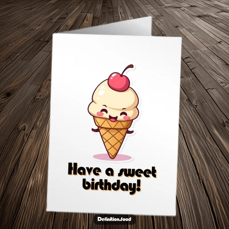 Funny Free Printable birthday card featuring a delighted ice cream cone character wiggling its cherry topping with pure happiness.